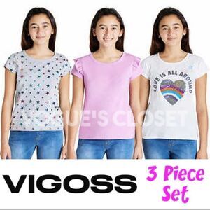 NEW! Vigoss Youth Girls 3-pack Tee Set, Hearts, Ruffles, Flip sequins